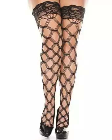 Thigh-high fishnet stockings plus size with black diamond pattern - MH45437XBLK