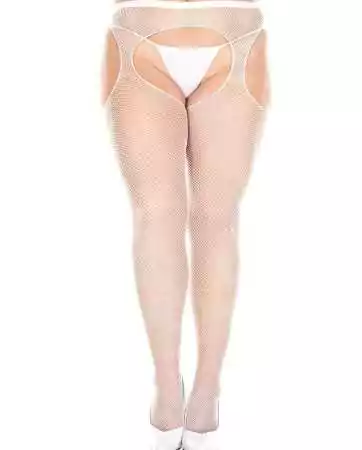 White fishnet tights in plus size with garter belt effect - MH903XWHT