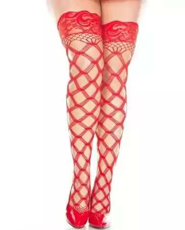 Thigh-high fishnet stockings in plus size with red diamond pattern - MH45437XRED