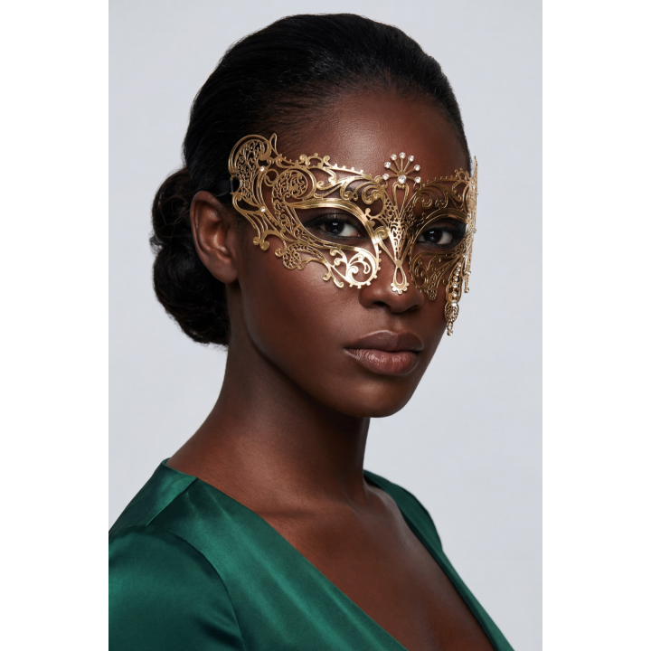 Masque vénitien Bianca rigide doré avec strass - Oralove