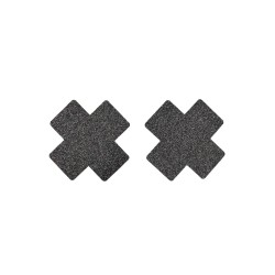 Paire de cache tétons adhésifs croix pailletée noir