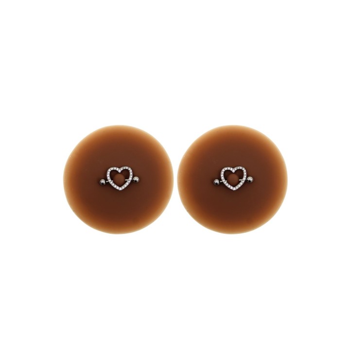 Paire de cache-tétons piercing barre coeur faux diamant peau foncée - Oralove