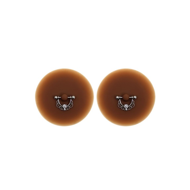 Paire de cache-tétons piercing barre demi-anneau faux diamant peau foncée - Oralove