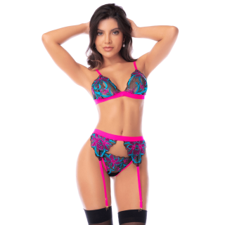 Ensemble lingerie 3 pièces bleu et rose brodé avec sequins – Mapalé - Oralove
