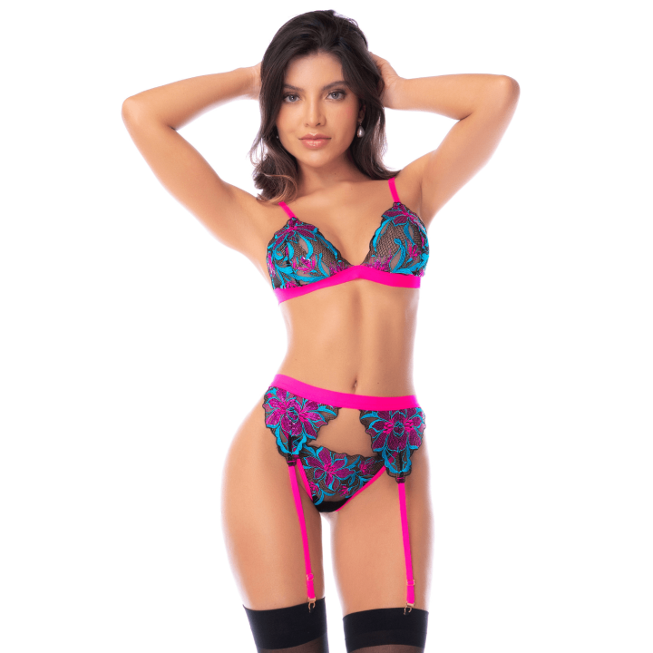 Ensemble lingerie 3 pièces bleu et rose brodé avec sequins – Mapalé - Oralove