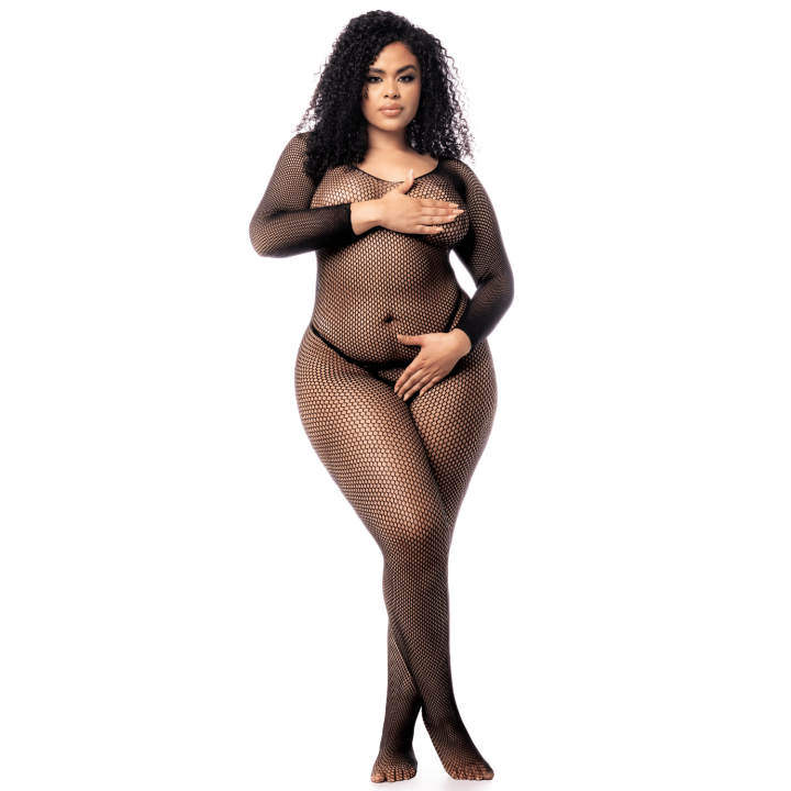Combinaison grande taille manches longues en résille noire - Oralove