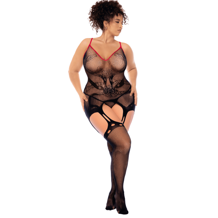 Combinaison intégrale grande taille en résille noire à motif serpent - Mapalé - Oralove