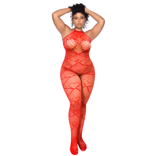 Bodystocking grande taille en résille rouge à motif cœur, orné de strass, ouvert à l’entrejambe - Mapalé - Oralove