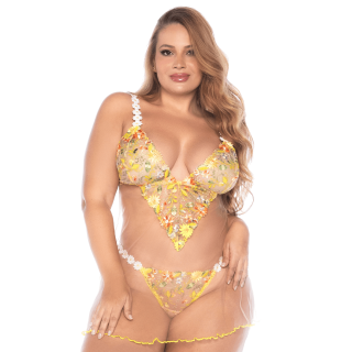 Nuisette grande taille transparente brodée jaune et string - Oralove