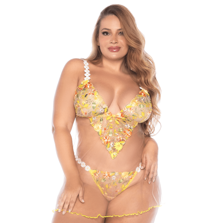 Nuisette grande taille transparente brodée jaune et string - Oralove