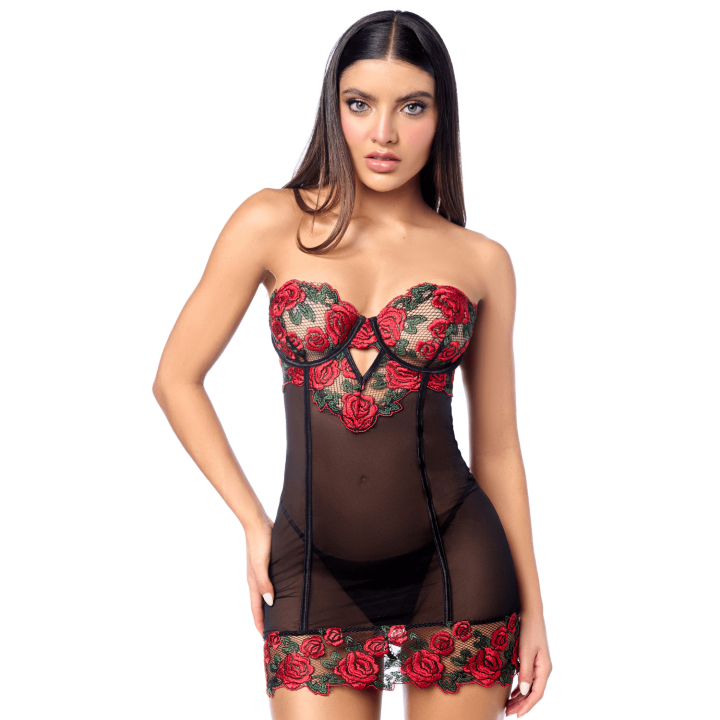 Babydoll sexy à armatures Mapalé broderie roses et string - Oralove