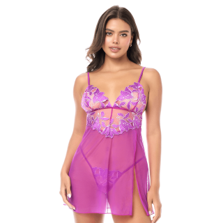 Babydoll sexy en résille brodée florale et string - Oralove