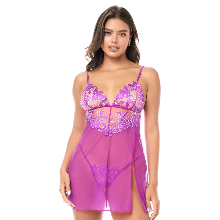 Babydoll sexy en résille brodée florale et string - Oralove