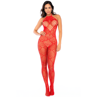 Bodystocking en résille rouge à motif cœur, orné de strass, ouvert à l’entrejambe - Mapalé - Oralove