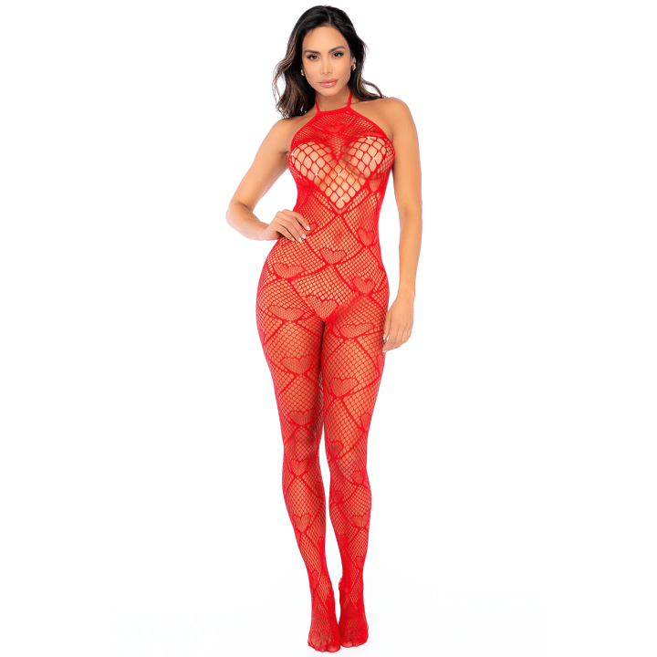 Bodystocking en résille rouge à motif cœur, orné de strass, ouvert à l’entrejambe - Mapalé - Oralove