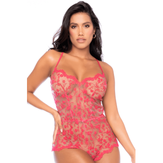 Combishort en dentelle transparente couleur cerise - Oralove
