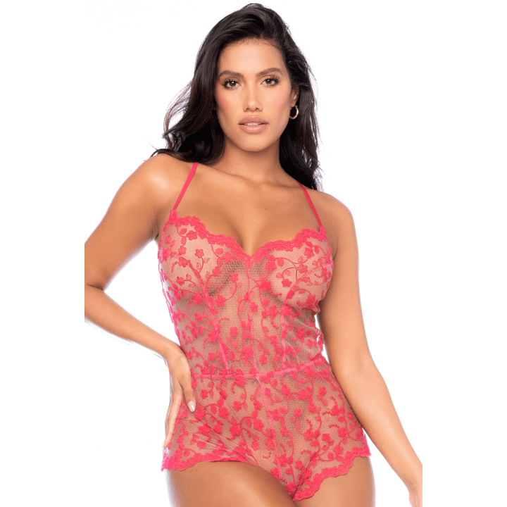 Combishort en dentelle transparente couleur cerise - Oralove