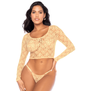 Ensemble 2 pièces en dentelle jaune pastel, crop top et string - Oralove