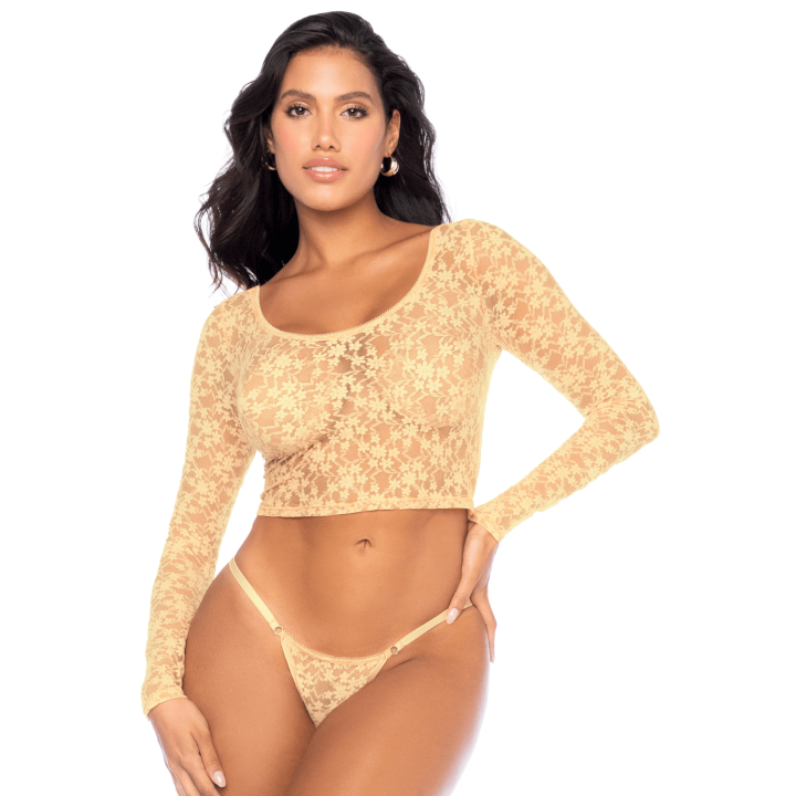 Ensemble 2 pièces en dentelle jaune pastel, crop top et string - Oralove