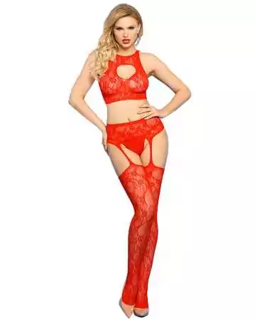 Top bra and open red garter belt stockings