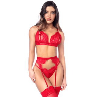 Ensemble sexy 3 pièces peek-a-boo en dentelle avec string et porte-jarretelles - Oralove