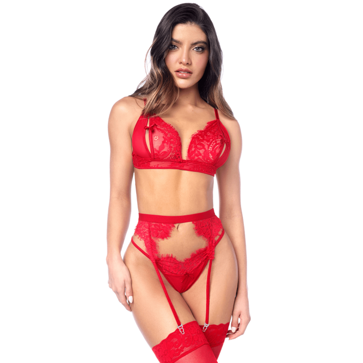 Ensemble sexy 3 pièces peek-a-boo en dentelle avec string et porte-jarretelles - Oralove