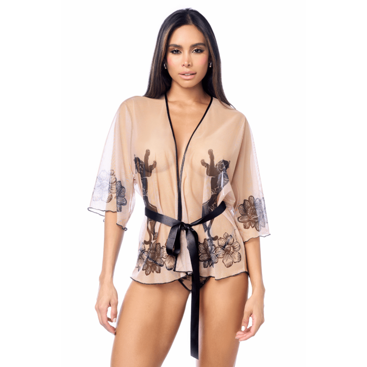 Peignoir sexy en résille imprimée transparente avec string - Oralove