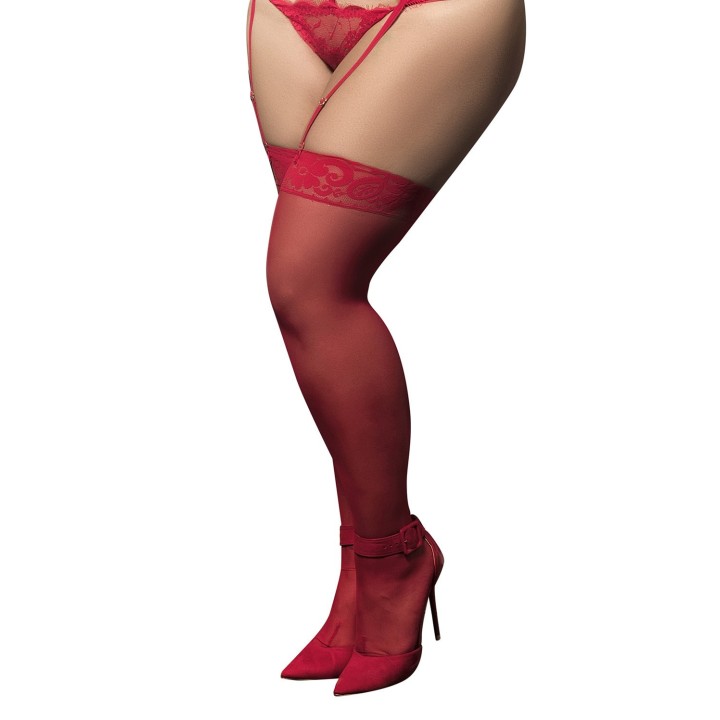 Bas nylon rouges autofixants, grande taille, jarretières dentelle - Oralove