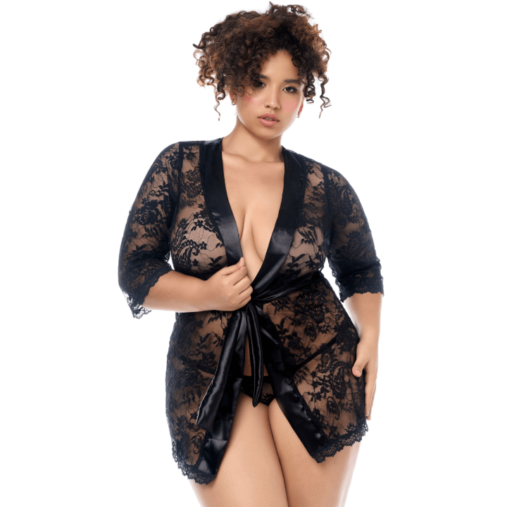 Peignoir en dentelle grande taille Mapalé avec string assorti - Oralove