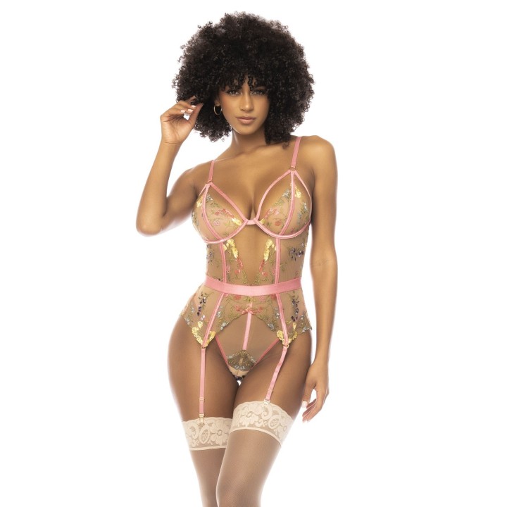 Body guépière avec dentelle brodée florale Sydney, porte jarretelles réglables et détachables - Oralove
