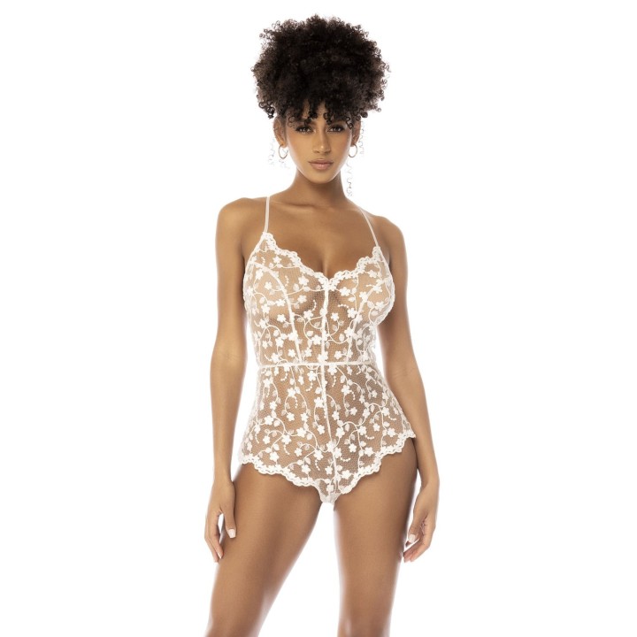 Body blanc transparent Celina avec dentelle brodée florale, bretelles ajustables - Oralove