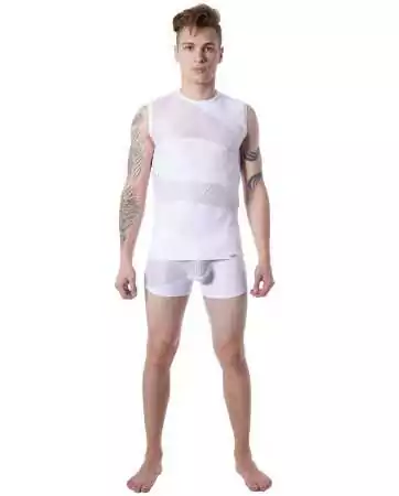 T-shirt débardeur blanc col rond opaque et transparent avec fines rayures - LM803-77WHT