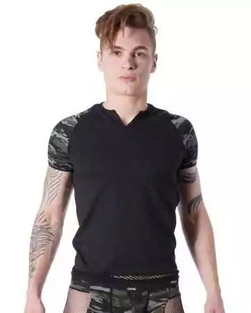 Sexy black army T-shirt with camouflage decoration on the sleeves and open round collar - LM814-81BLK