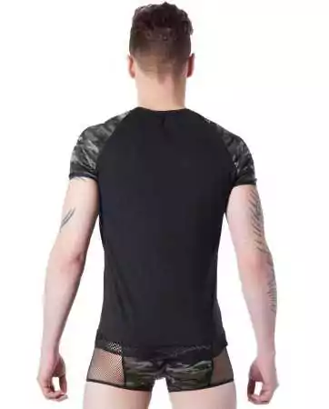 Schwarzes sexy Armee-T-Shirt mit Camouflage-Dekor auf den Ärmeln und offenem Rundhalsausschnitt - LM814-81BLK.