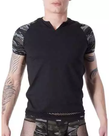 Sexy black army T-shirt with camouflage decoration on the sleeves and open round collar - LM814-81BLK