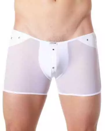 Sexy weißer Boxer aus transparentem Netzstoff mit Lederoptik-Band - LM807-67WHT.