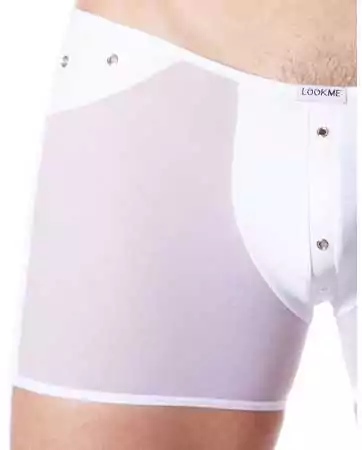 Sexy white boxer with transparent mesh and leather-style band - LM807-67WHT