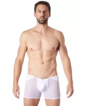 Boxer branco sexy em malha transparente e faixa de estilo couro - LM807-67WHT