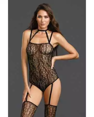 Bodystocking mit Schlangenmuster und Strumpfhaltern - DG0311BLK