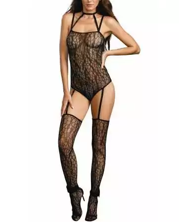 Bodystocking mit Schlangenmuster und Strumpfhaltern - DG0311BLK