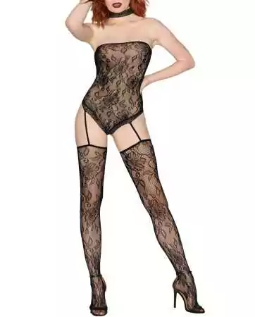 Black lace floral fishnet bodystocking with body and bustier effect, garter string, and stockings - DG0296BLK