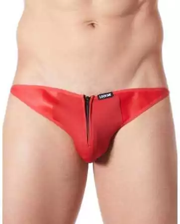 Cueca slip vermelha sexy com fecho de correr e laterais em estilo couro, costas transparentes - LM813-61RED