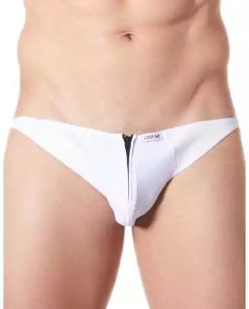 Slip brief bianco sexy con chiusura lampo e lati in stile pelle, retro trasparente - LM813-61WHT