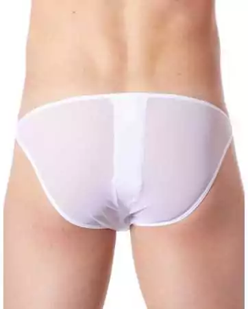 Slip brief bianco sexy con chiusura lampo e lati in stile pelle, retro trasparente - LM813-61WHT