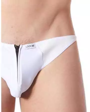 Cueca branca sexy com fecho de correr e laterais estilo couro transparente nas costas - LM813-61WHT