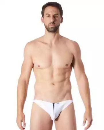 Cueca branca sexy com fecho de correr e laterais estilo couro transparente nas costas - LM813-61WHT