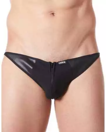 Sexy schwarzer Slip im Brief-Stil mit Reißverschluss und Leder-Look an den Seiten, transparenter Rückseite - LM813-61BLK