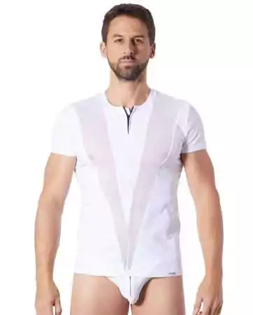 T-shirt bianco morbido con inserti in rete, collo rotondo e zip - LM805-81WHT