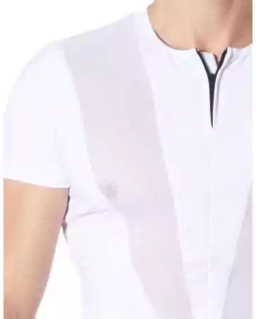 Soft white T-shirt with mesh stripes, round collar and zipper - LM805-81WHT