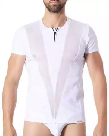 Camiseta branca macia com detalhes em rede, gola redonda e zíper - LM805-81WHT
